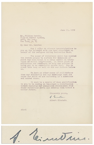 Albert Einstein Letter Signed During WWII to William Morris of the William Morris Agency -- ...The power of resistance which has enabled the Jewish people to survive...an especially severe test...